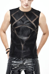 Black Shiny Knits Splice Armor Modeling Mesh Men's Punk Vest